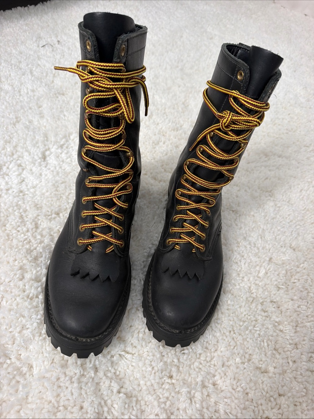 Men's Black Lace-Up Combat Boots with Yellow Contrast Laces